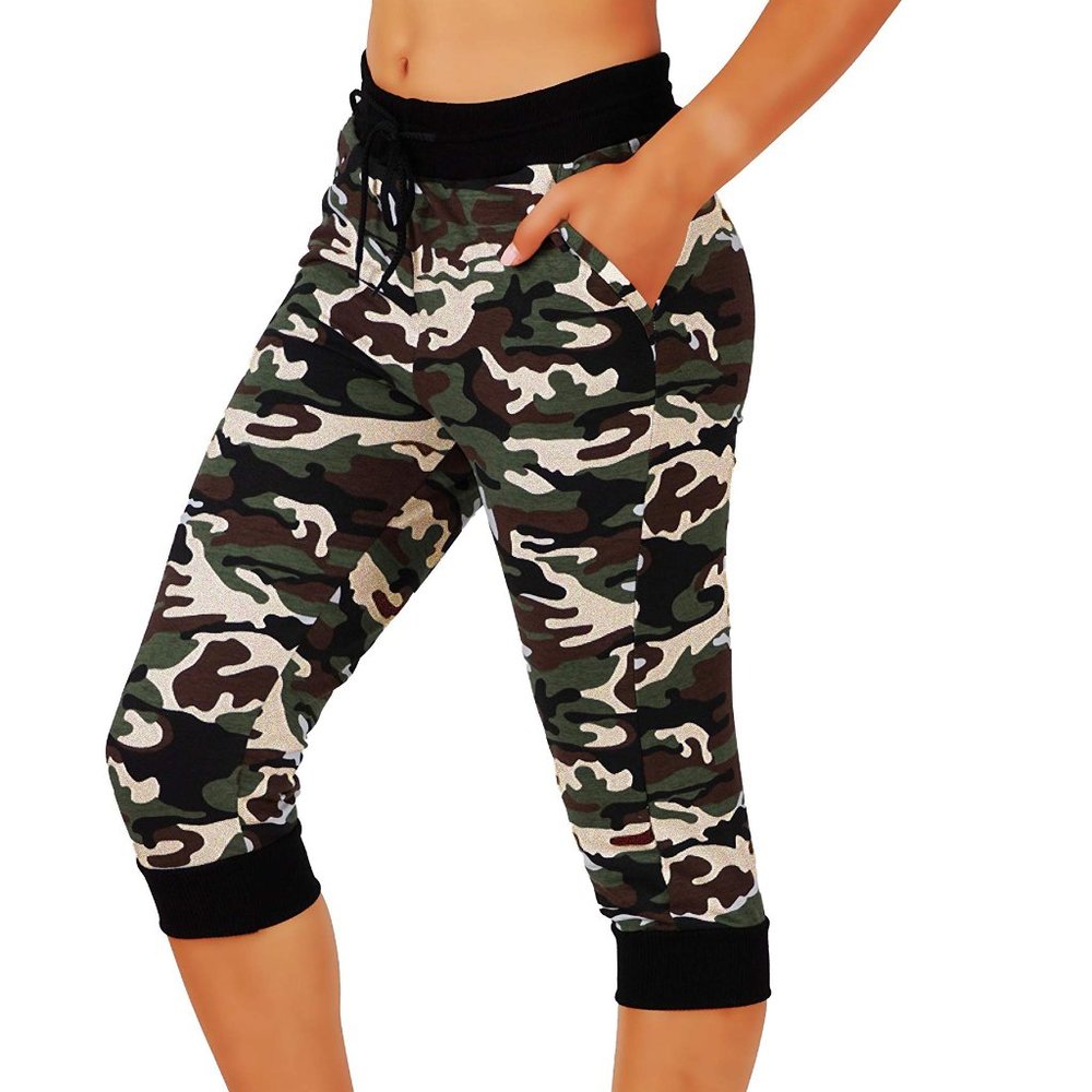 4pcs Set Capri Cotton Camouflage Joggers Sweatpants Pockets & elastic waistband